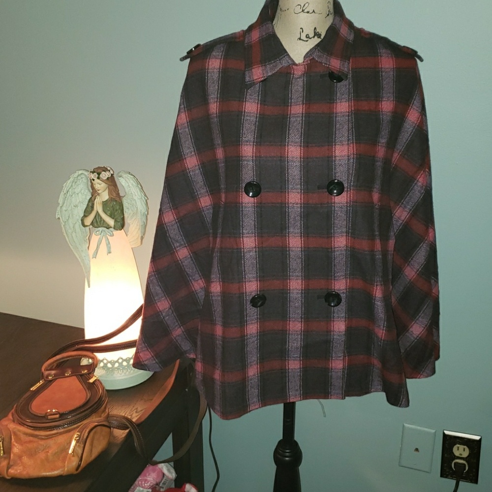 New Kate Landry Plaid Wool Peacoat Cape